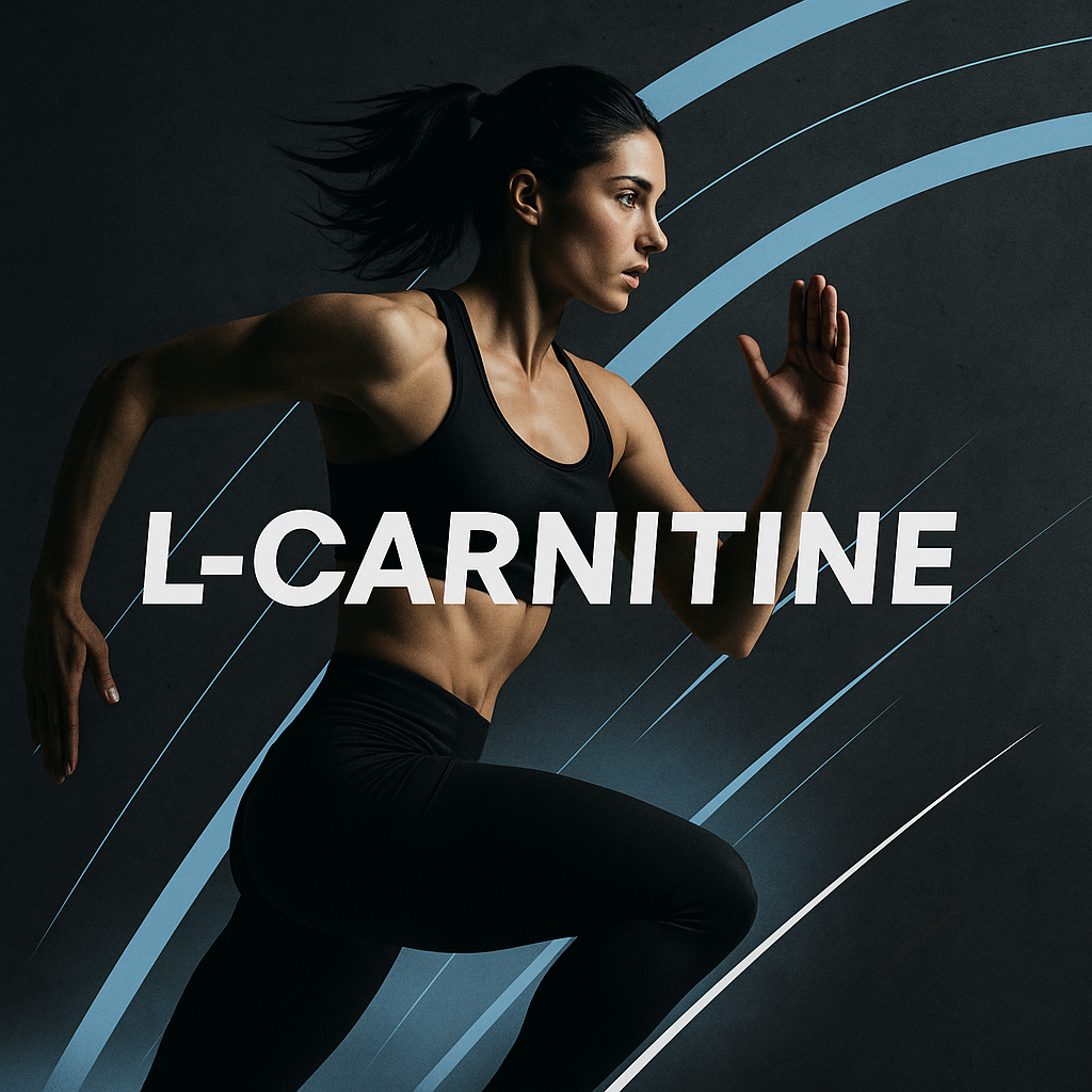 A strong athletic woman sprinting against a dark background with blue energy lines, symbolizing speed and fat burning. Minimalistic sports style in black, white, and blue tones.